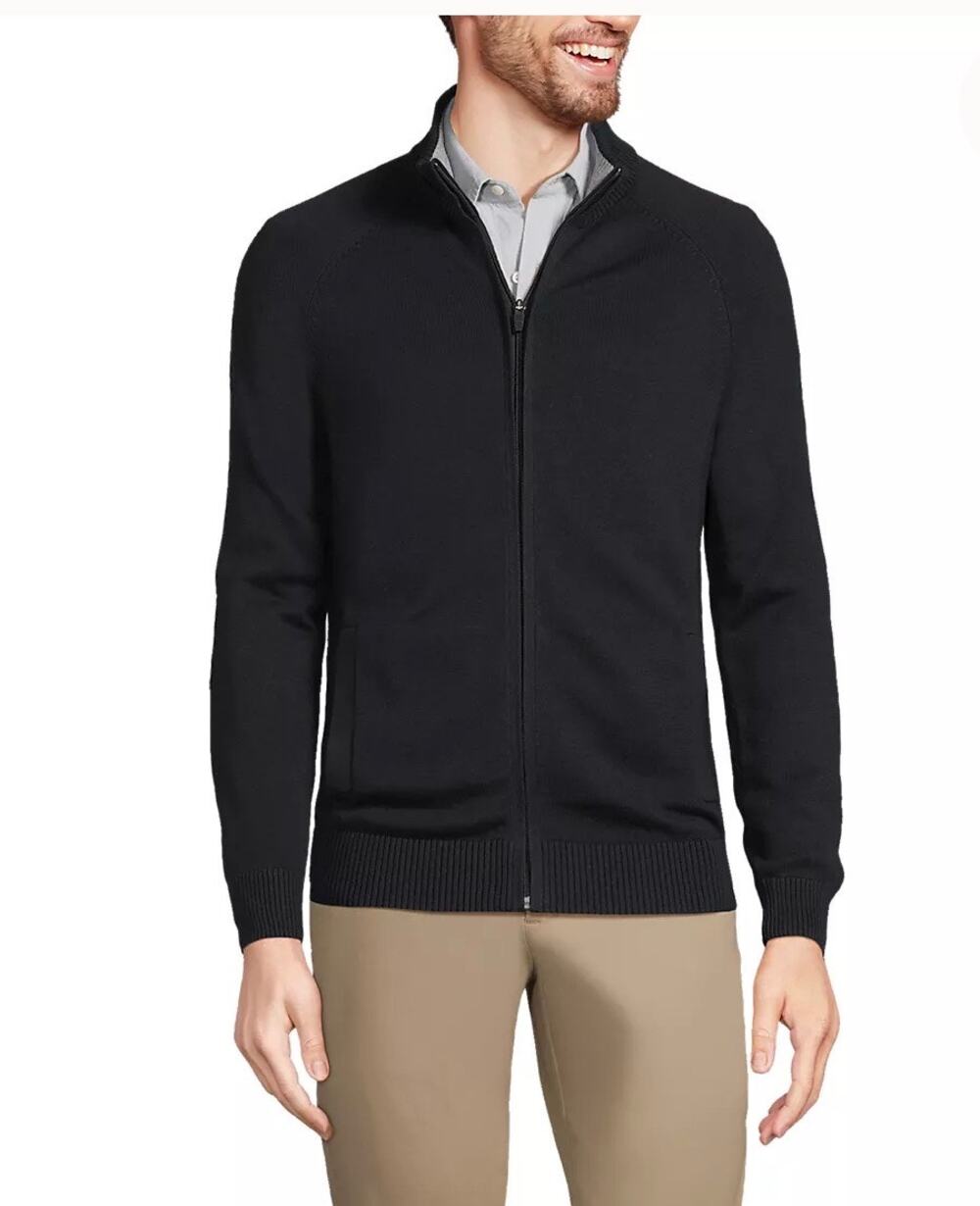 Lands End Cotton Modal Full Zip Cardigan Sweater Black L